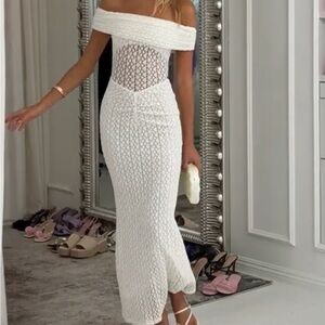 Lucy in the Sky Off Shoulder Lace Bodycon Maxi Dress in White